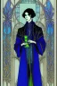 Placeholder: Young male alchemist with blue eyes, wearing long robes, holding a potion flask in the style of Harry Clarke
