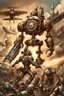 Placeholder: steampunk warrior robot with a big, complicated and detailed mechanical sword fighting in a battlefield with steampunk ships and planes in the background. Masterpiece, hyper detailed, details, battlefield, dramatic, dramatic lighting