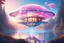 Placeholder: a cosmic beautiful SPACESHIP made of crystals and light is flyng up above a cosmic futuristic house. the landscape is a magic coloured FAIRY nature with a CALM WATER