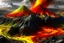 Placeholder: acidic soil with lava and mountains , red white yellow black colors , magic the gathering style, hyper realistic style