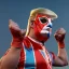 Placeholder: realistic image of donald trump as a mexican wrestling wrestler posing outdoors, dressed in retro mexican wrestling tights, Mexican wrestling mask, red and blue breeches, suspenders, retro style, 80s, vibrant color, highly detailed, sky background, concept art, unreal engine 5, god rays, ray tracing, RTX, lumen lighting, ultra detail, volumetric lighting, 3d, finely drawn, high definition, high resolution.