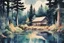Placeholder: retro anime style, full color, dark serious 1980s anime style, A lake in the forest with a cottage, watercolor, forest,