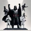 Placeholder: Create a beautiful illustration that showcases Darth Vader, adorned in his iconic black cape, standing triumphantly on the highest Olympic podium as the undisputed champion holding a fist up in the air. Flanking him on two lower podiums are two white-clad Stormtroopers, looking sullen. Set this scene against a white background.