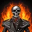 Placeholder: Fire head skeleton Rider wearing a black leather on black motorcycle in the middle of street rounded by high tower