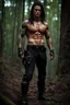 Placeholder: Handsome muscular alpha male, 30 years old, Dark eyes, Long brown hair, bare chest covered in tattoos and scars. wearing black combat trousers and heavy boots, photorealistic, 4k, dark fantasy, forest background