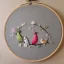 Placeholder: exquisite whimsical birds in embroidery hoop, intricate, highly detailed, linen and wood backdrop