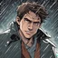 Placeholder: a closeup of a maniacal young man in a heavy coat during a rainstorm cartoon