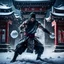 Placeholder: Hyper Realistic Photographic View Of A Handsome Muscular Ninja in his Traditional attire unleashing & attacking with frozen-ice-balls outside a dark abandoned Chinese Temple Ruins at dark heavy snowfall night with dramatic lighting & cinematic ambiance.