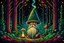 Placeholder: highly stoner detailed mystical trippy ultra saturated neon detailed look into an old wise gnome holding mushrooms next to a fire in the glowing mushroom forest, but a hallway of mushrooms. (Retro Art Nouveau-influenced concert posters). Art deco mushroom border