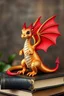 Placeholder: A small dragon, standing on a book, red wings, gold scales on its bodyy, a smile on its face, long neck, long tail tipped with a poison stinger