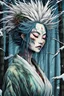 Placeholder: full color 3/4 profile portrait of a haggard and malevolent Harionago yokai "Barbed Woman" with wild, highly detailed hair and slim, narrow facial features, in a haunted snow clad, winter mountain bamboo forest, pierced by shafts of moonlight , art in the style of Alex Pardee, spirited away, studio ghibli, , 8k , finely detailed and precise line work, soft gauzy pastel colors