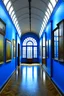 Placeholder: An exhibition of paintings whose side walls are in the shape of an oval and made of blue glass and its floor is light with a wall in the middle of the hall to divide it into two parts with a corridor at the beginning and end of the wall and the paintings displayed are old and historical with a window at the end