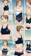 Placeholder: beautiful anorexic woman, standing, triathlon swimsuit, medium length wavy haircut