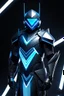 Placeholder: neon blue, floating triangle of light behind the back, cyber armor, geometric patterns on an armor, male, orbiting triangle