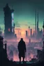 Placeholder: I'd like an old man dressed in rags and partially cyberized holding staff, silhouette with his back turned looking at a dystopian city from extreme distance, giant neon advertising in sky, evoking feelings of loneliness