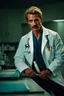 Placeholder: Mid-thirties, Caucasian male doctor, creepy smile, messy blonde hair, blonde thick mustache, pale blue eyes, broad shoulders, muscular, six foot, Hawaiian shirt under white lab coat, bloodstains at the edges of the lab coat. Strong Jaw line, surrounded by shadows, photo realistic