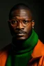 Placeholder: a 35yo afroamerican, beautiful man, green glasses, buzz cut, orange sweater, turtleneck, Tiffany jacket