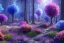 Placeholder: monde en fleurs bleu pink fuksia, concept art, crépuscule , trees bleu pink violet oranger, vibrant Color, réaliste, kwiaty maki rozowe