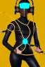 Placeholder: Realistic photograph. Geometric 3D tiling on the background, woman, Whip. Bronze color Yellow Black Cyan. Cyber-punk full-mask. AKG headphones, golden rings & disc. Selfie both hands. Lightly armored, electronic circuit. Thick tights. Thick calves. Curved fell. Wide hip. Flat belly. Ancient artifact cables between. Perfect body. Matrix movie clothes, Silver leather area, tippet, latex. Wicked sneakers. Daft Punk helmet, Tron Movie. Egyptian Haute Couture. 1990's. Light comes from right