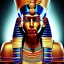 Placeholder: 3D close-up of a Egyptian king Ramses, high contrast, glowing backlighting, blue and red backlighting, vibrant hair, dark brown eyes, sharp focus, face painting, background blur.