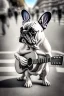 Placeholder: One single mature french bulldog, friendly, playing guitar in the street , Vienna, opera, sunny day, model style, hyper realistic, extremely accurate, delicate, extremely detailed, Graphic novel style, wide-angle, open aperture, superfine pencil