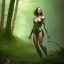 Placeholder: upper body of yohan diniz, fast walker, as a young cute feminine woman, short hair, green forest background, stream, mega flowers, dusk, fireflies