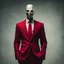 Placeholder: a sinister figure wearing a red suit with a red tie with no face and dirty hair