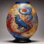 Placeholder: in glass painting art style, Ornate vessel with swirls of eagle yellow, lion blue, and red dragon