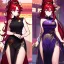 Placeholder: Clear focus, 8k, beautiful lighting, vibrant colors, girl, red hair, long hair, vibrant purple eyes, ponytail, messy hair, black stockings, chinese clothes,