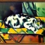 Placeholder: oil portrait of tricolor pattern Cat sleeping in a sofa by Paul Cézanne 8k