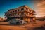 Placeholder: abandoned hotel, near road, desert places, warm colors, huge broken luminous on the roof -a huge damage abandoned car in front hotel