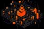 Placeholder: innovation - solarpunk illustration - people celebrating, isometric, orange elements, black background