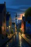 Placeholder: tranquil evening in a quaint town. Houses with illuminated windows dot the landscape, with their warm glow contrasting against the cool blue hues of the evening sky. Raindrops glisten on the cobblestone streets, reflecting the soft light from the street lamps. In the distance, a church or cathedral with a prominent spire stands tall, its silhouette contrasting against the fading light. The overall ambiance is one of serenity and nostalgia, evoking feelings of coziness and warmth amidst the chill