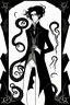 Placeholder: black haired young man necromancer wizard with gothic jewelry and tentacle fingers in the style of Aubrey Beardsley