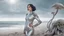 Placeholder: A woman with dark hair in a silver robotic catsuit, standing on a beach, flying mushrooms, with octopus tentacles floating above her