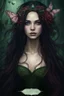 Placeholder: Water lilies Dark burgundy red long hair Dark Fairy princess rapunzel hair queen crown butterflies dragonflies fireflies elven tiara flowers fairy wings emerald moss