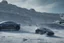 Placeholder: A Tesla 'Model Y' is racing at top speed, on the planet 'Hoth'. CINEMATIC. WIDE ANGLE LENS. PHOTO REAL.