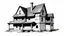 Placeholder: A front elevation line drawing of a fantasy mediaeval ramshackle house.