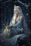 Placeholder: Elven princess,elven crown,long blonde golden hair,rapunzel hair,ice flowers,beautiful,light blue,dark blue,golden armor,sparkle,glitter,ice flowers,snow,elven ears,dark fairy princess