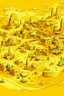 Placeholder: A yellow short city with battery shaped buildings designed in Lascaux cave paintings