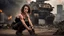 Placeholder: beautiful slender caucasian female technician with a knife, black tank top, well toned muscles, weathered face, scratched sand camo metal details, short brunette wavy bob haircut, dystopian, postapocalyptic city scene with smoke and explosions. giant robot in the background