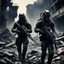 Placeholder: a hidden xenomorph [vintage style noisy scratches glitches, Shot the texture and then rewound the film and double exposed] In the midst of the destroyed city, the two US Marine soldiers move with precision in tight formation across the ruins, while the alien xenomorphs lurk in the darkness. Their eyes scanning the shadows as they sought to avoid being surprised by the deadly foes that could strike at any moment.