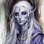 Placeholder: dnd, fantasy, watercolour, large strokes, stylistic, portrait, illustration, dull colours, woman, dark elf, drow, face, narrow long face, cruel face, purple eyes, vicious, smiling, white hair, very long hair streaming down the shoulders, lush hair, elegant, short small mouth, cruel smile