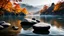 Placeholder: A serene autumn scene . Rocks delicately balanced atop each other in the water form a minimalist, tranquil composition. This image exudes a powerful zen atmosphere, with its soft and natural background. It encapsulates the essence of environmental art and invites meditation in a zen garden or temple,dramatic scene