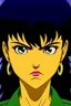 Placeholder: female 80's anime character, angry and sweating, close up on face, black hair, earrings, striking features showing intense facial expression