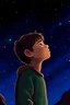 Placeholder: illustration art of A boy staring at a starry sky at night stargazing, hopeful.