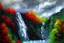 Placeholder: Cloudy dark sky, epic waterfall landscape, impressionism painting