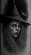 Placeholder: pencil drawing of witch, Spooky, scary, halloween, realistic, black paper