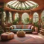 Placeholder: a brightly bohemian couch in a glass bohemian living room with a large window, hippie fashion, conversation pit, tapestries hanging from ceiling, huge greenhouse, spiraling design, contaning tables and walls, otherwordly concept, symmetrical layout, basement