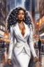 Placeholder: Create a watercolor image of a curvy African American female wearing a white business suit with white heels. Prominent make up with hazel eyes. Highly detailed very long extremely curly black hair. She is wearing silver and diamond Jewely that shines of the lights. Her skin is smooth and silky. Background of a busy city street